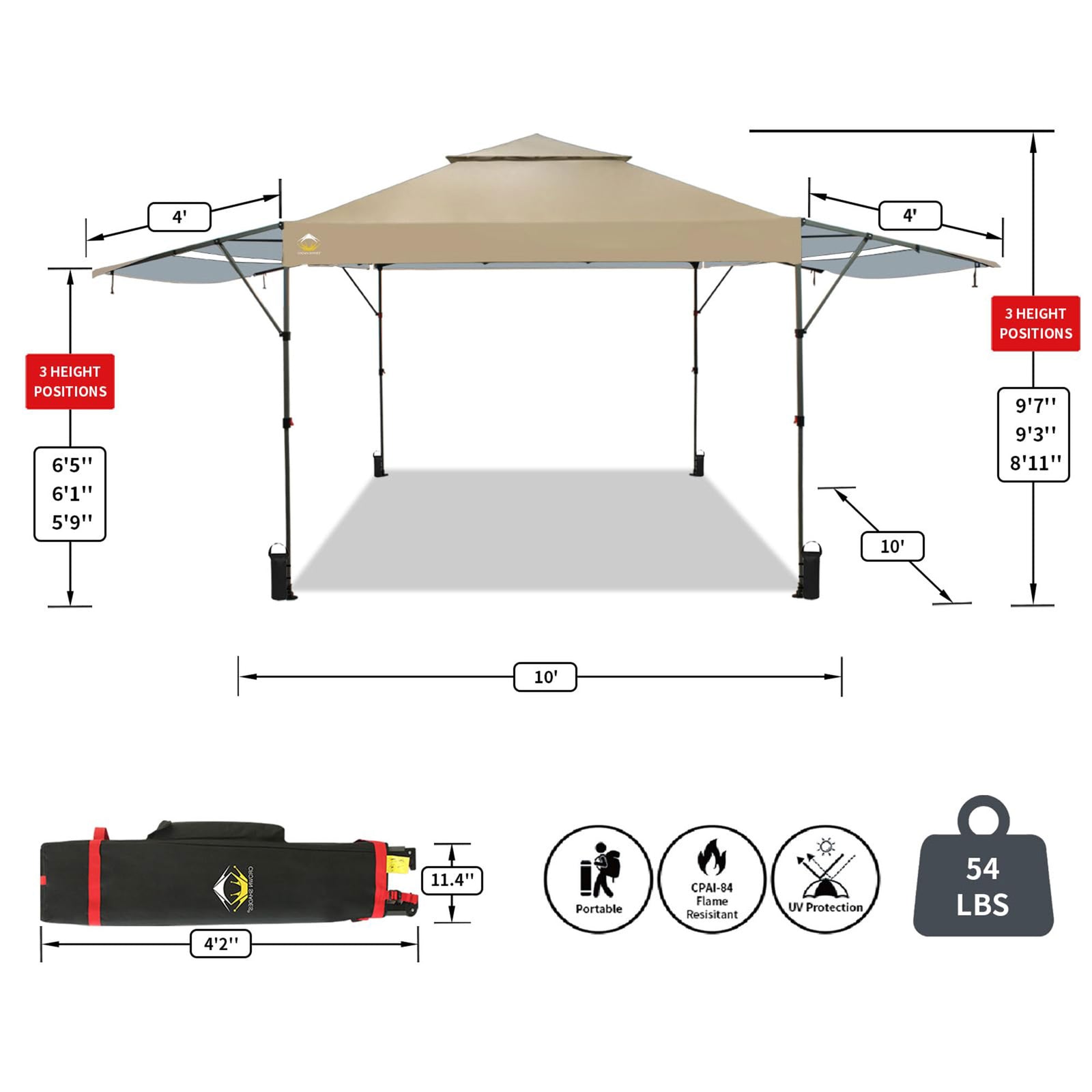 CROWN SHADES 10x10 Ft Pop Up Canopy Tent with 2 Extended Awnings, Beige (Used) - VMInnovations