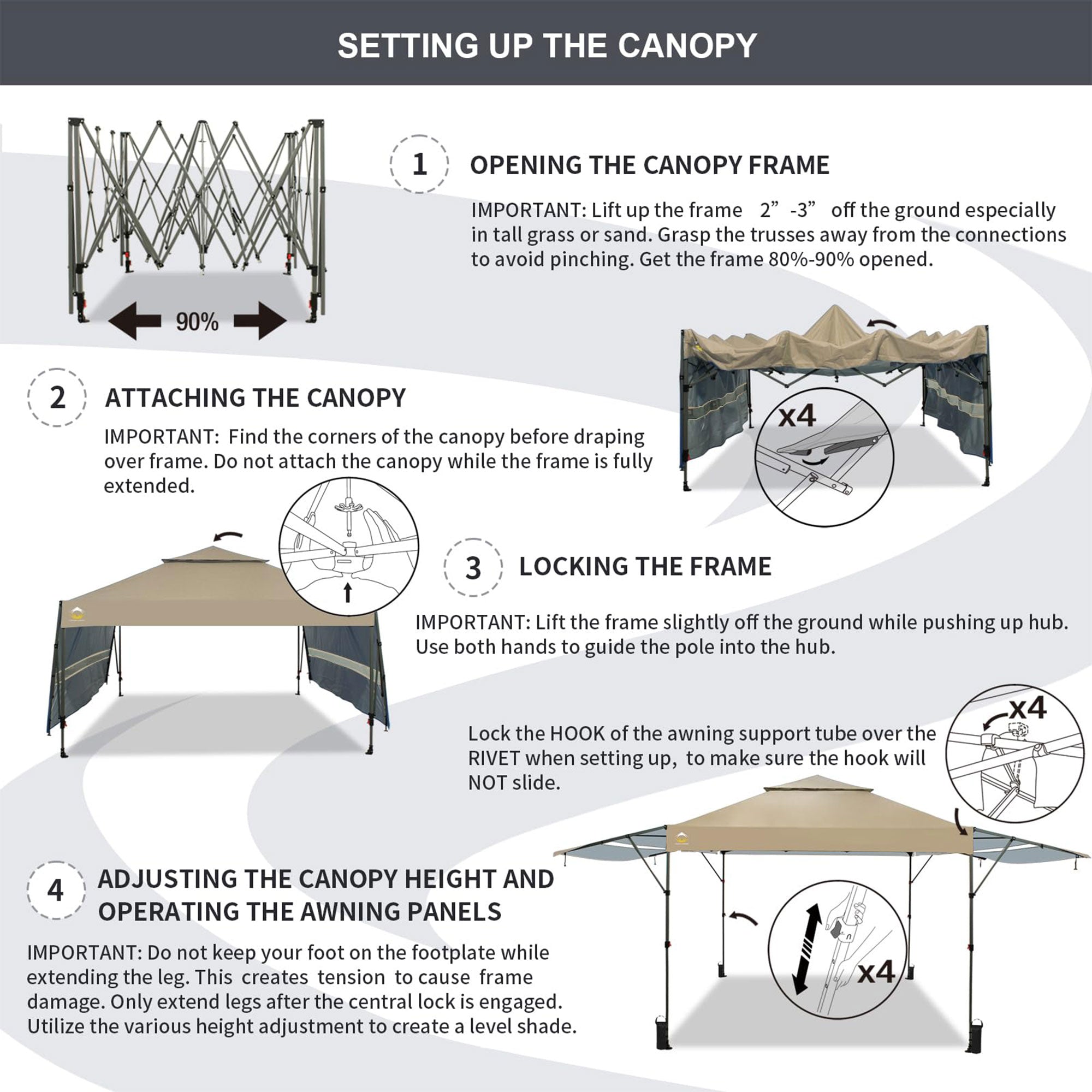 CROWN SHADES 10x10 Ft Pop Up Canopy Tent with 2 Extended Awnings, Beige (Used) - VMInnovations