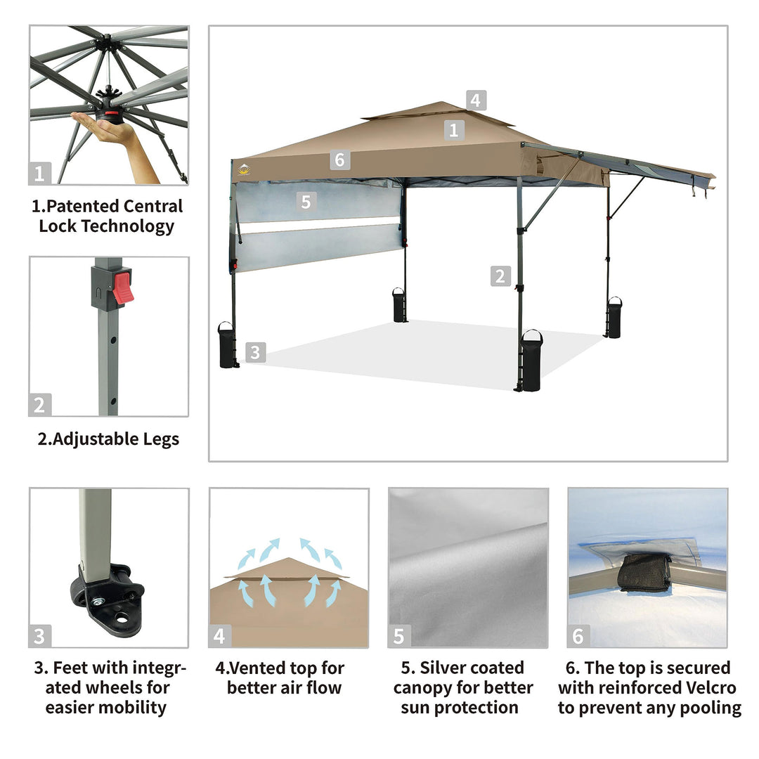 CROWN SHADES 10x10 Ft Pop Up Canopy Tent with 2 Extended Awnings, Beige (Used)