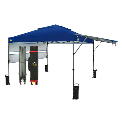 CROWN SHADES 10x10 Ft Pop Up Canopy Tent w/2 Extended Awnings, Navy Blue (Used)