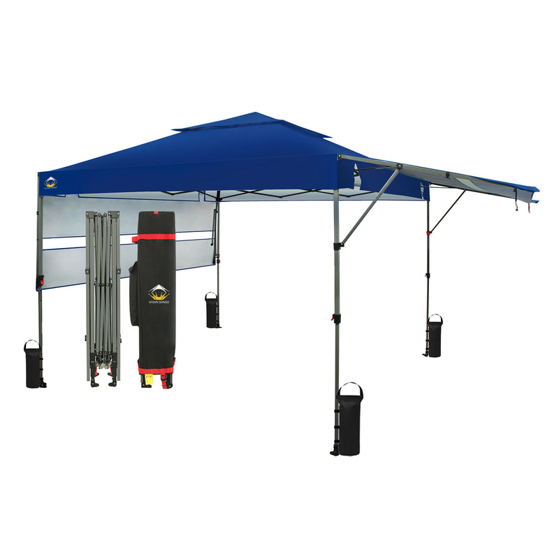 CROWN SHADES 10x10 Ft Pop Up Canopy Tent w/2 Extended Awnings, Navy Blue (Used)