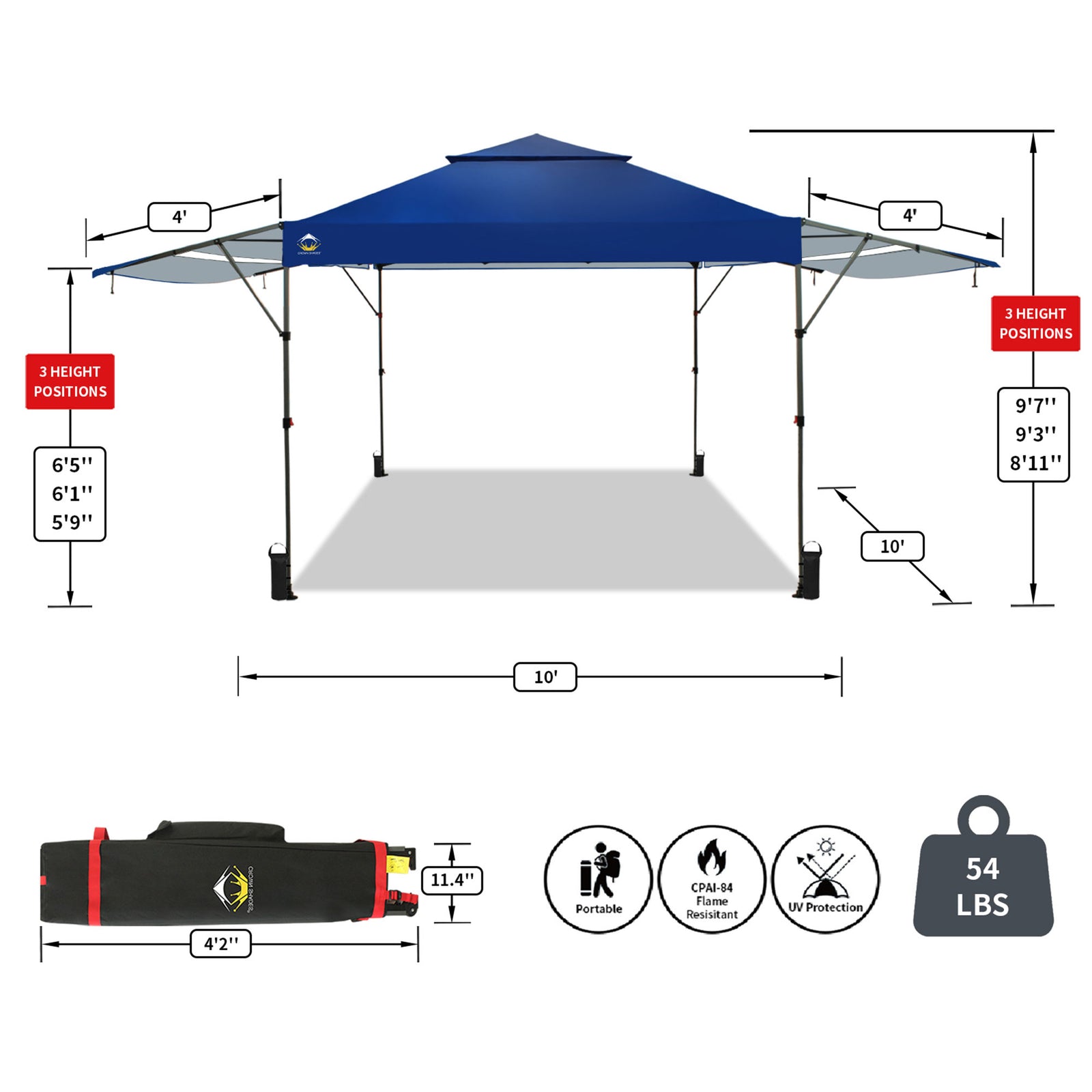 CROWN SHADES 10x10 Ft Pop Up Canopy Tent w/2 Extended Awnings, Navy Blue (Used) - VMInnovations