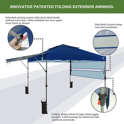 CROWN SHADES 10x10 Ft Pop Up Outdoor Canopy Tent w/2 Extended Awnings, Navy Blue