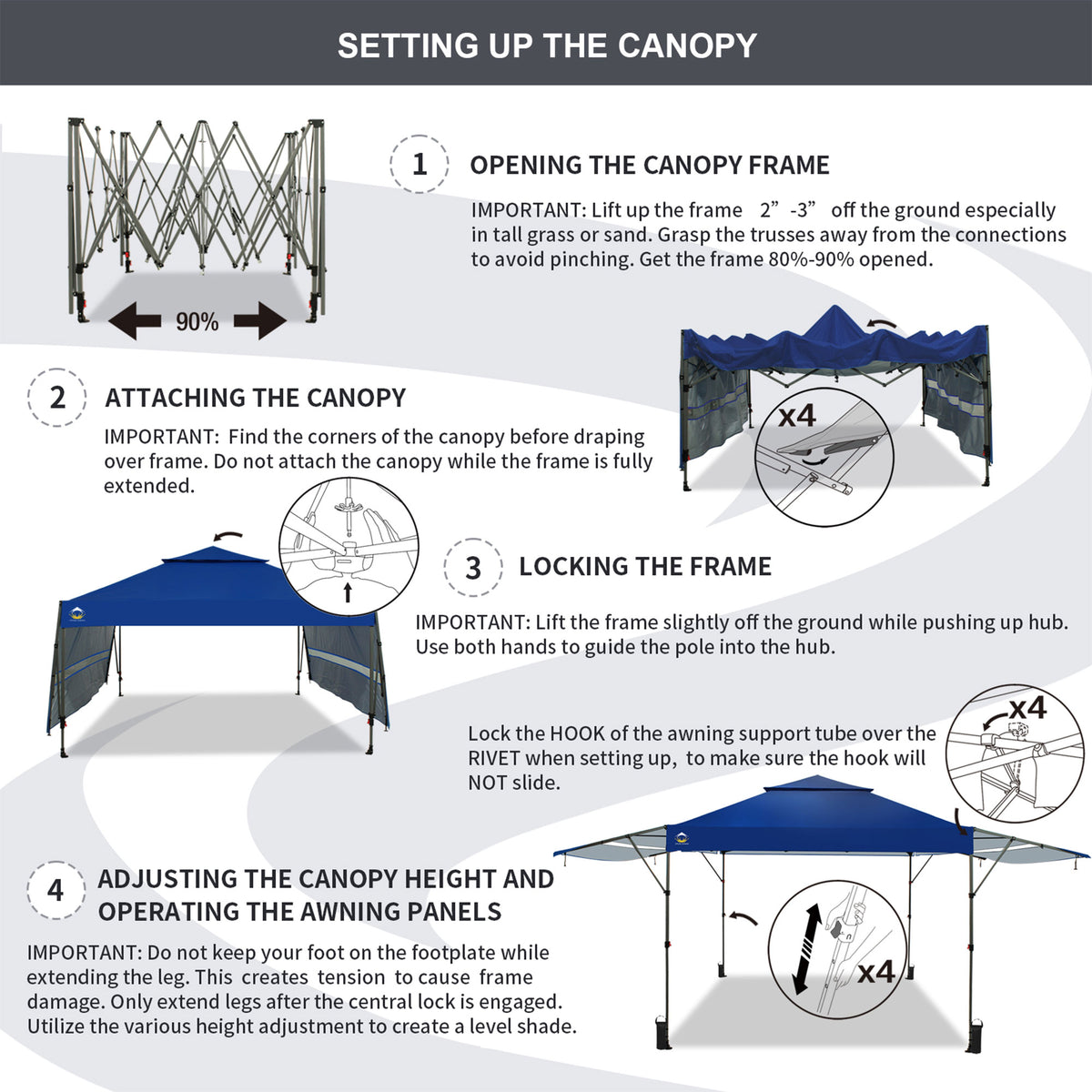 CROWN SHADES 10x10 Ft Pop Up Outdoor Canopy Tent w/2 Extended Awnings, Navy Blue
