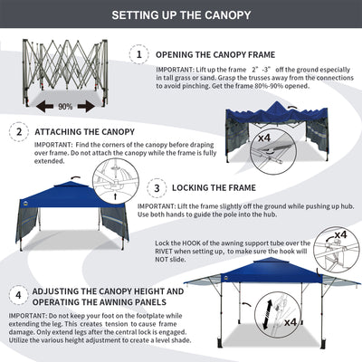 CROWN SHADES 10x10 Ft Pop Up Outdoor Canopy Tent w/2 Extended Awnings, Navy Blue