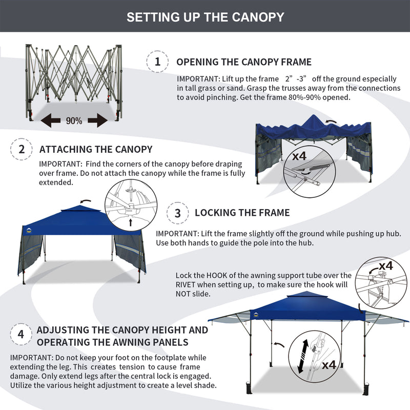 CROWN SHADES 10x10 Ft Pop Up Canopy Tent w/2 Extended Awnings, Navy Blue (Used)