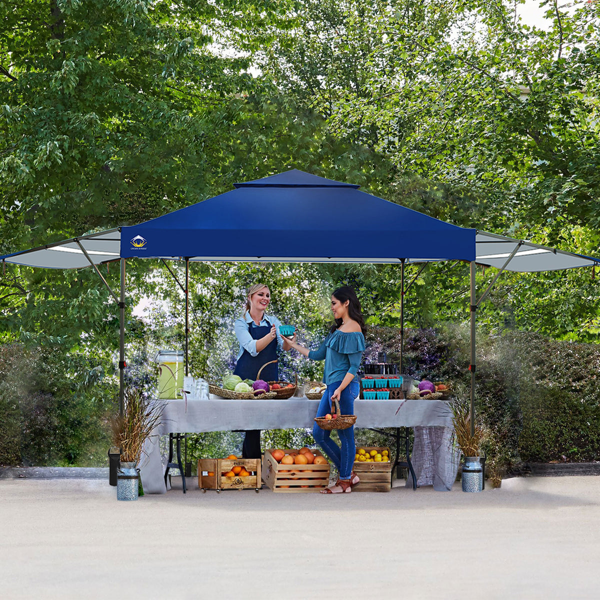 CROWN SHADES 10x10 Ft Pop Up Outdoor Canopy Tent w/2 Extended Awnings, Navy Blue