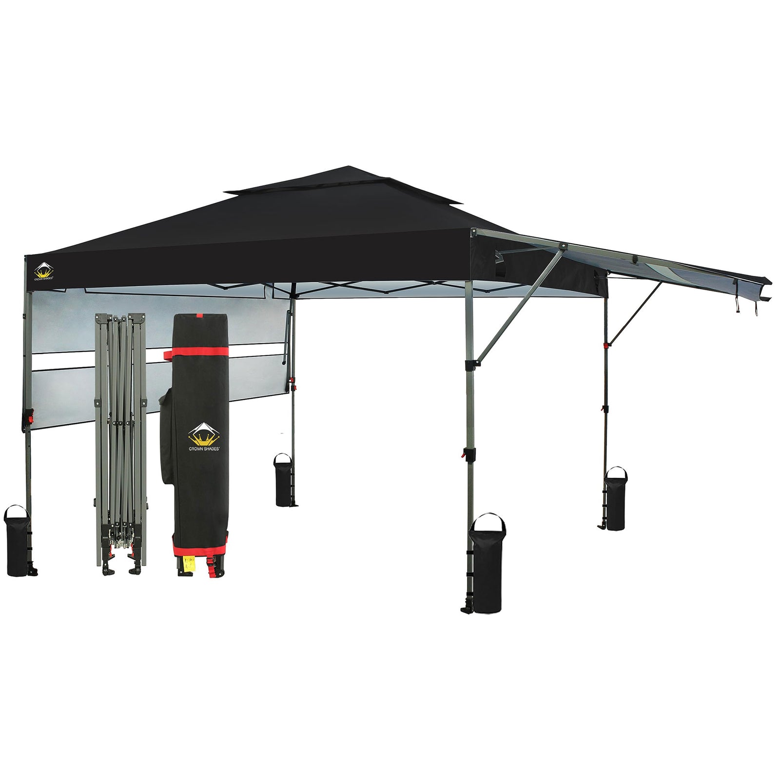 CROWN SHADES 10x10 Ft Pop Up Canopy Tent with 2 Extended Awnings, Black (Used) - VMInnovations