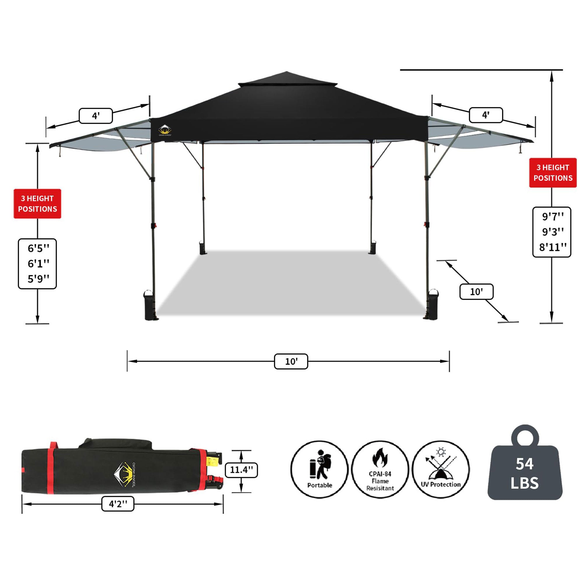 CROWN SHADES 10x10 Ft Pop Up Outdoor Canopy Tent with 2 Extended Awnings, Black