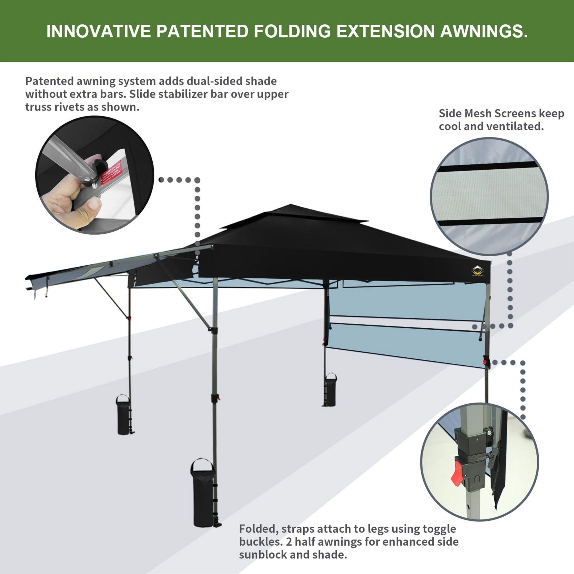 CROWN SHADES 10x10 Ft Pop Up Outdoor Canopy Tent with 2 Extended Awnings, Black