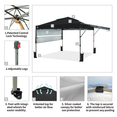 CROWN SHADES 10x10 Ft Pop Up Outdoor Canopy Tent with 2 Extended Awnings, Black - VMInnovations
