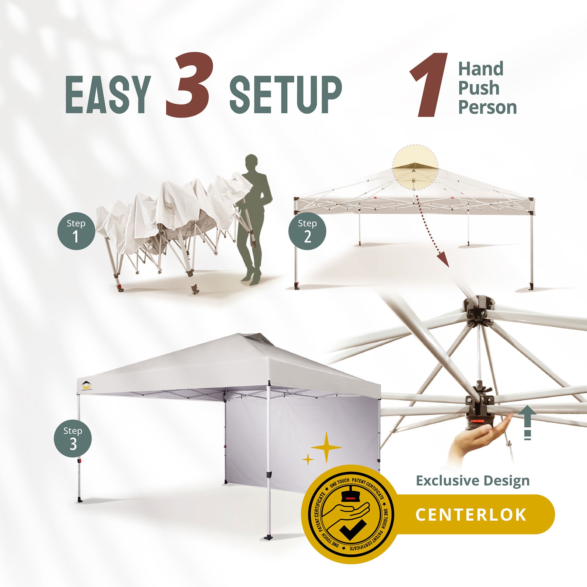 CROWN SHADES 12x12 Ft Pop Up Canopy Tent w/ Sidewall & Push Center Lock, White