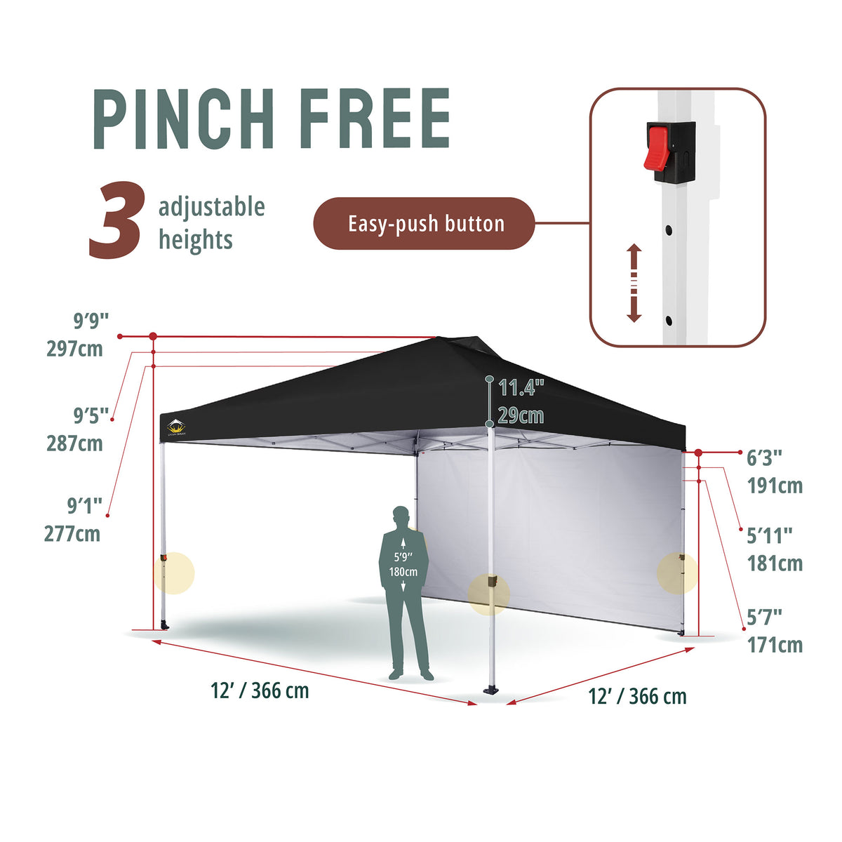 CROWN SHADES 12x12 Ft Pop Up Canopy Tent w/ Sidewall & Push Center Lock, Black