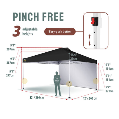 CROWN SHADES 12x12 Ft Pop Up Canopy Tent w/ Sidewall & Push Center Lock, Black