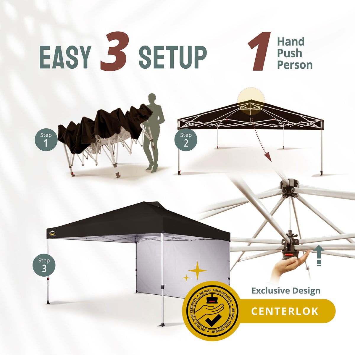CROWN SHADES 12x12 Ft Pop Up Canopy Tent w/ Sidewall & Push Center Lock, Black