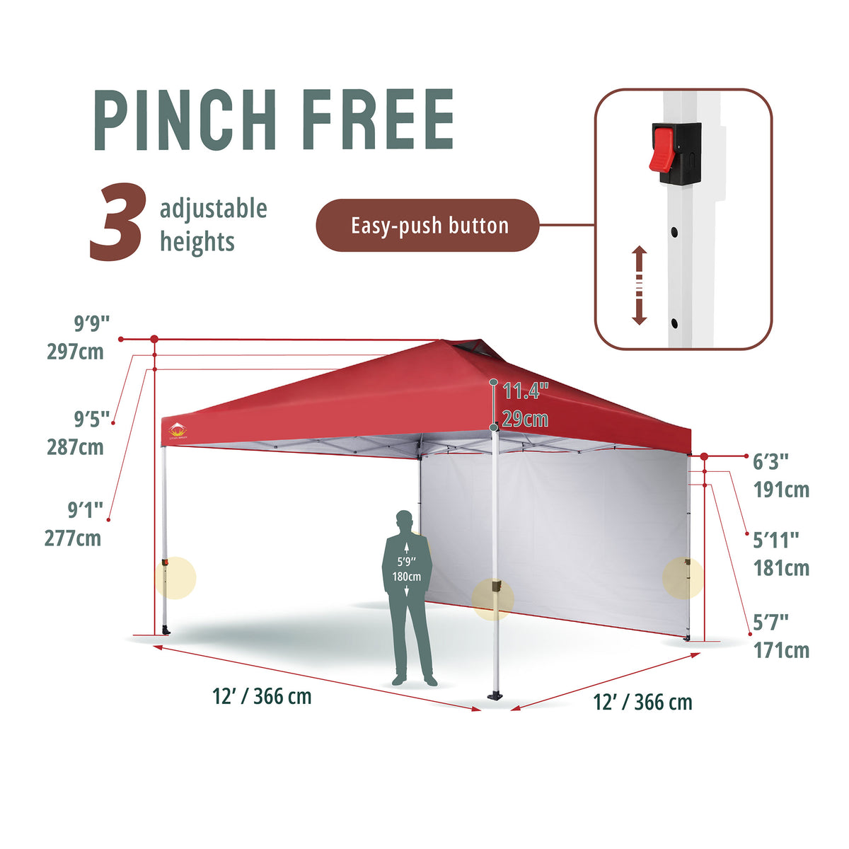CROWN SHADES 12x12 Ft Pop Up Canopy Tent w/ Sidewall & Push Center Lock, Red