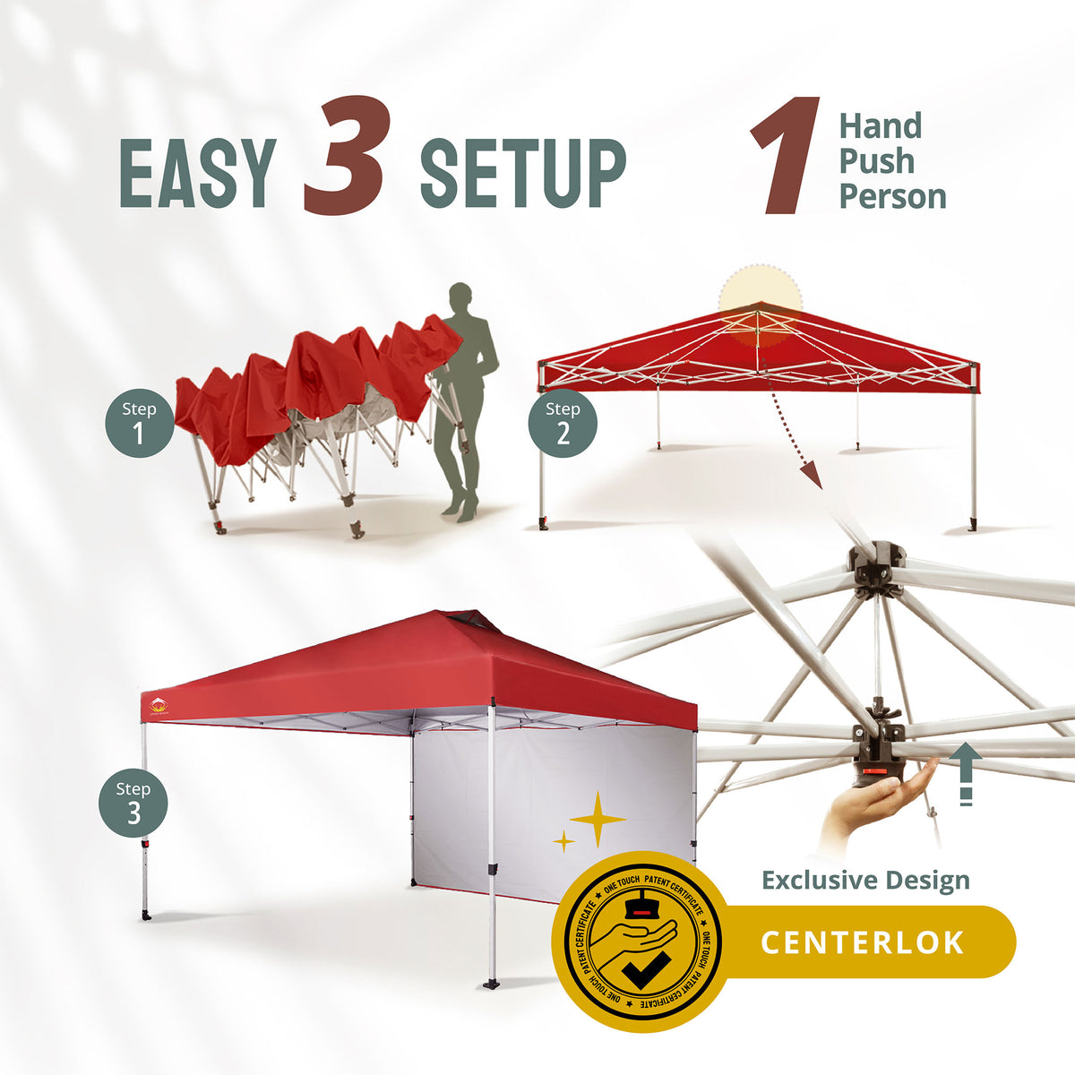 CROWN SHADES 12x12 Ft Pop Up Canopy Tent w/ Sidewall & Push Center Lock, Red
