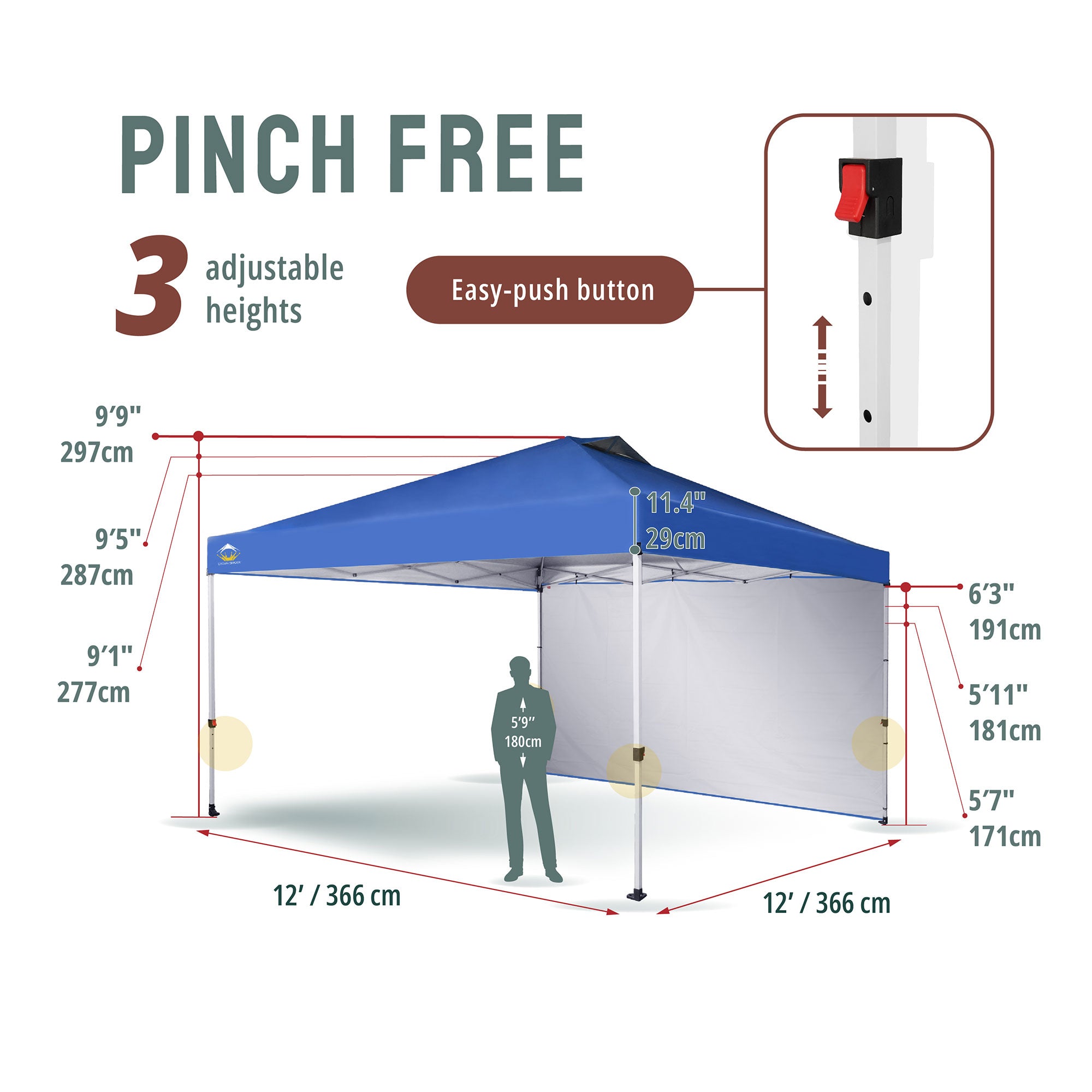 CROWN SHADES 12x12 Ft Pop Up Canopy Tent w/ Sidewall & Push Center Lock, Blue