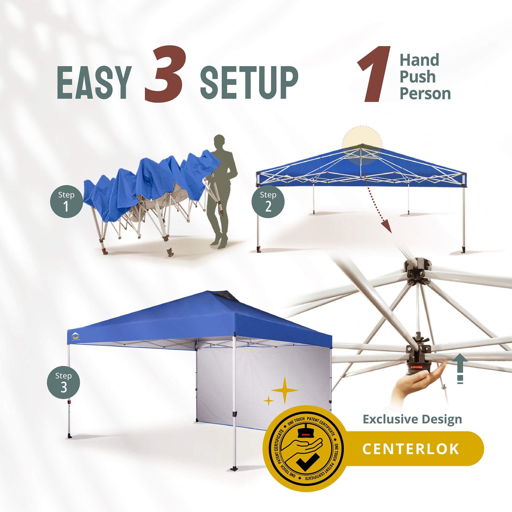 CROWN SHADES 12x12 Ft Pop Up Canopy Tent w/ Sidewall & Push Center Lock, Blue
