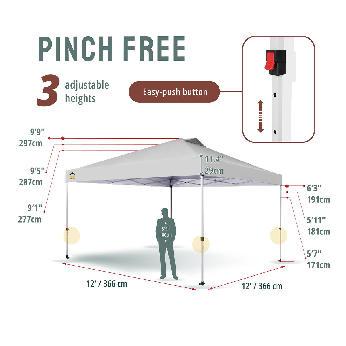 CROWN SHADES 12x12 Ft Pop Up Outdoor Canopy Tent with 1 Push Center Lock, White