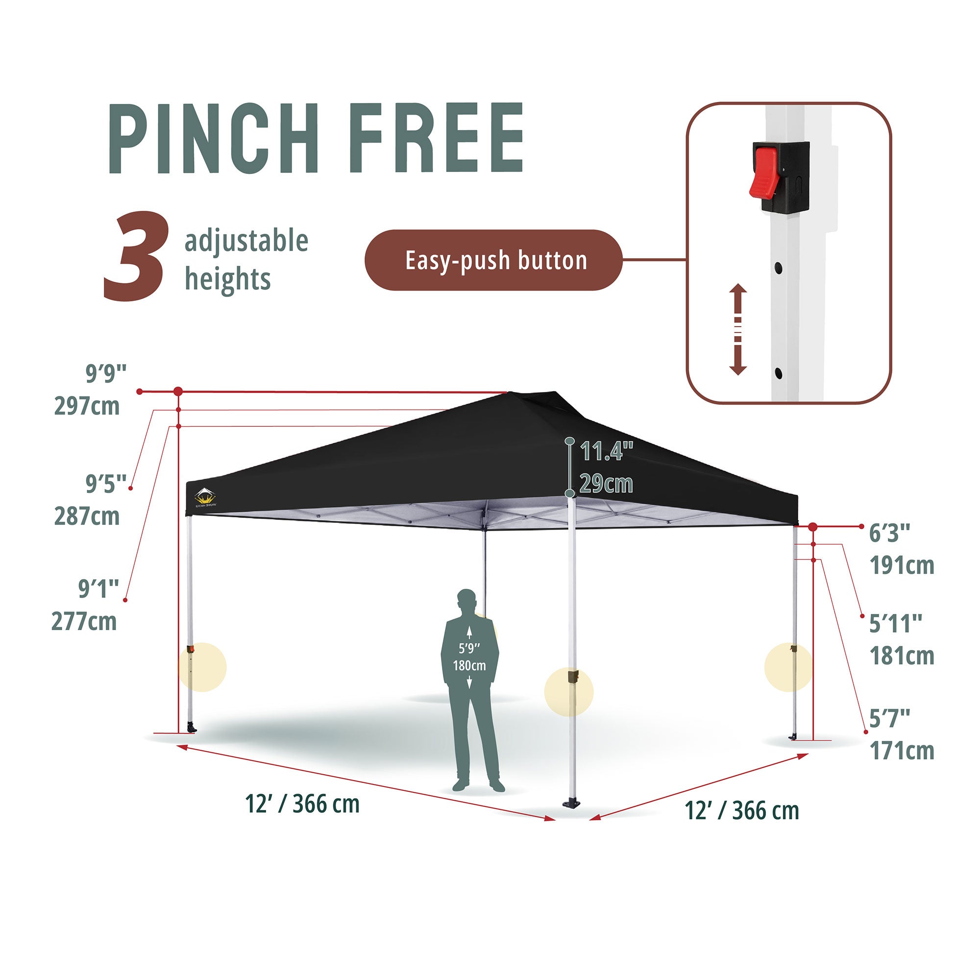 CROWN SHADES 12x12 Ft Pop Up Outdoor Canopy Tent with 1 Push Center Lock, Black