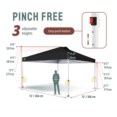 CROWN SHADES 12x12 Ft Pop Up Outdoor Canopy Tent with 1 Push Center Lock, Black