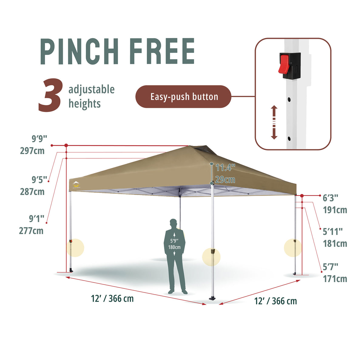 CROWN SHADES 12x12 Ft Pop Up Outdoor Canopy Tent with 1 Push Center Lock, Beige
