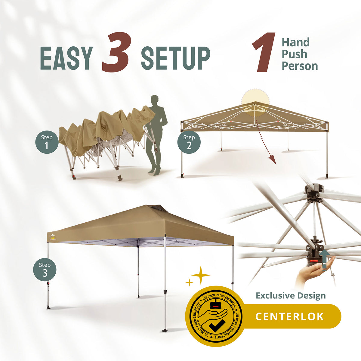 CROWN SHADES 12x12 Ft Pop Up Outdoor Canopy Tent with 1 Push Center Lock, Beige