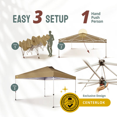CROWN SHADES 12x12 Ft Pop Up Outdoor Canopy Tent with 1 Push Center Lock, Beige
