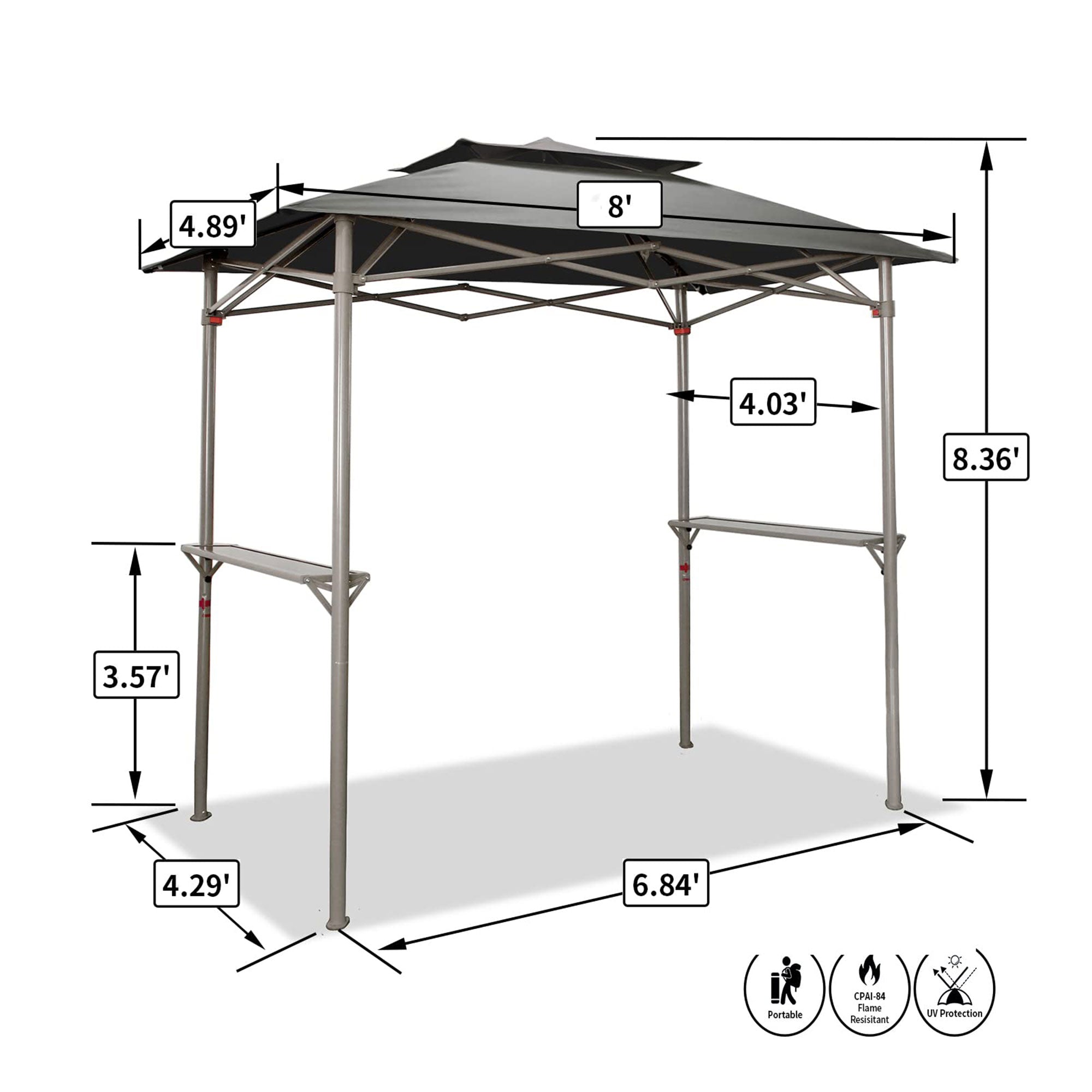 CROWN SHADES 8 x 5 Foot BBQ Grill Gazebo with Vented Top and Side Shelves, Grey