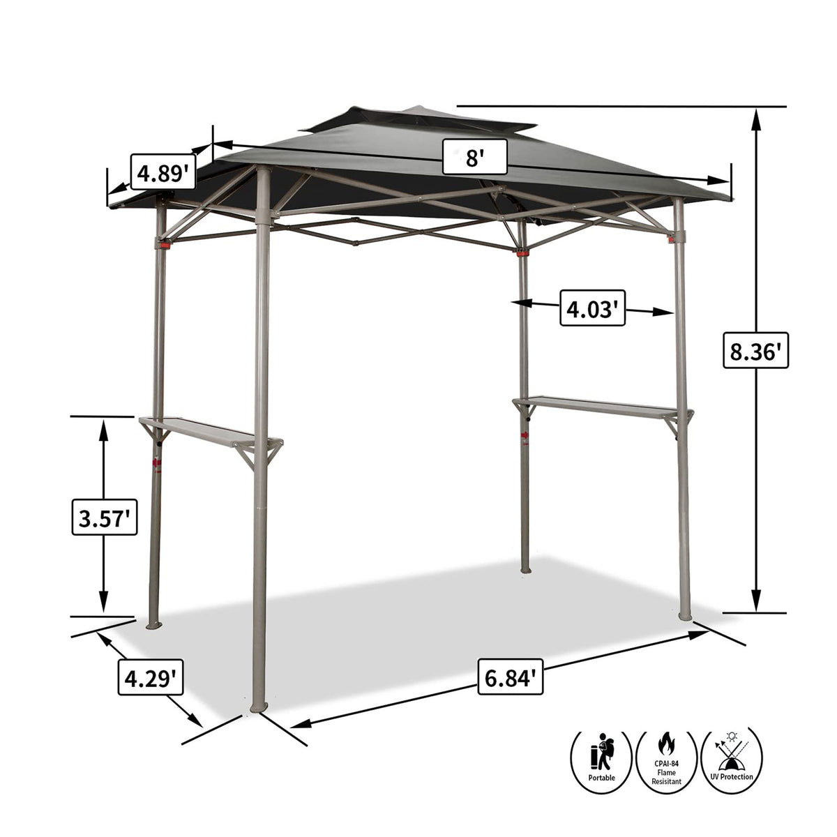 CROWN SHADES 8 x 5 Foot BBQ Grill Gazebo with Vented Top and Side Shelves, Grey