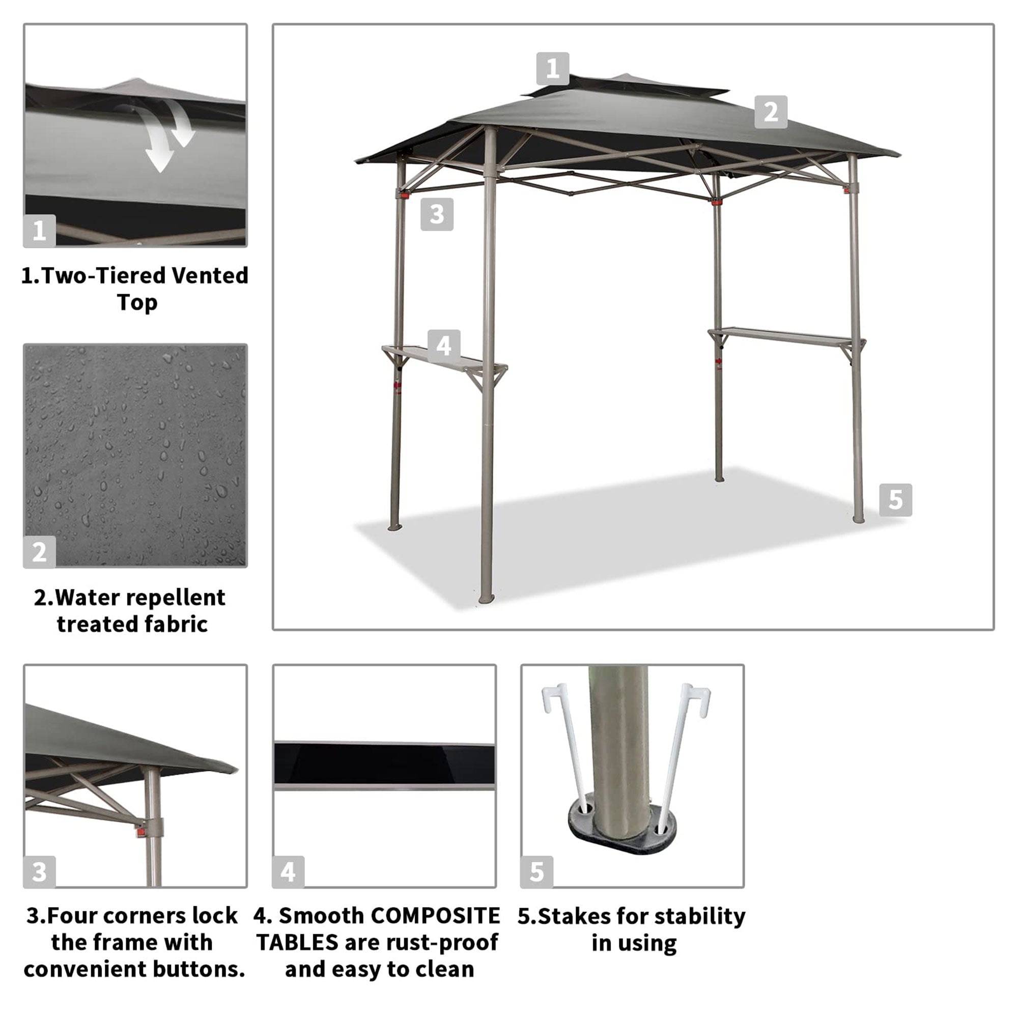 CROWN SHADES 8 x 5 Foot BBQ Grill Gazebo with Vented Top and Side Shelves, Grey