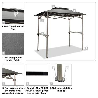 CROWN SHADES 8 x 5 Foot BBQ Grill Gazebo with Vented Top and Side Shelves, Grey