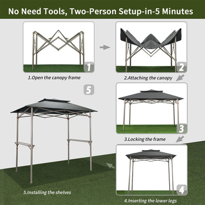 CROWN SHADES 8 x 5 Foot BBQ Grill Gazebo with Vented Top and Side Shelves, Grey