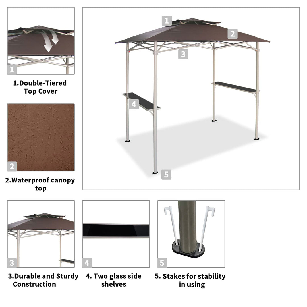 CROWN SHADES 8'x5' BBQ Grill Gazebo with Vented Top & Side Shelves, Coffee(Used) - VMInnovations