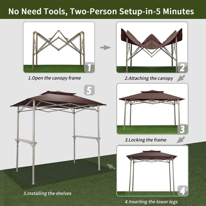 CROWN SHADES 8'x5' BBQ Grill Gazebo with Vented Top & Side Shelves, Coffee(Used) - VMInnovations