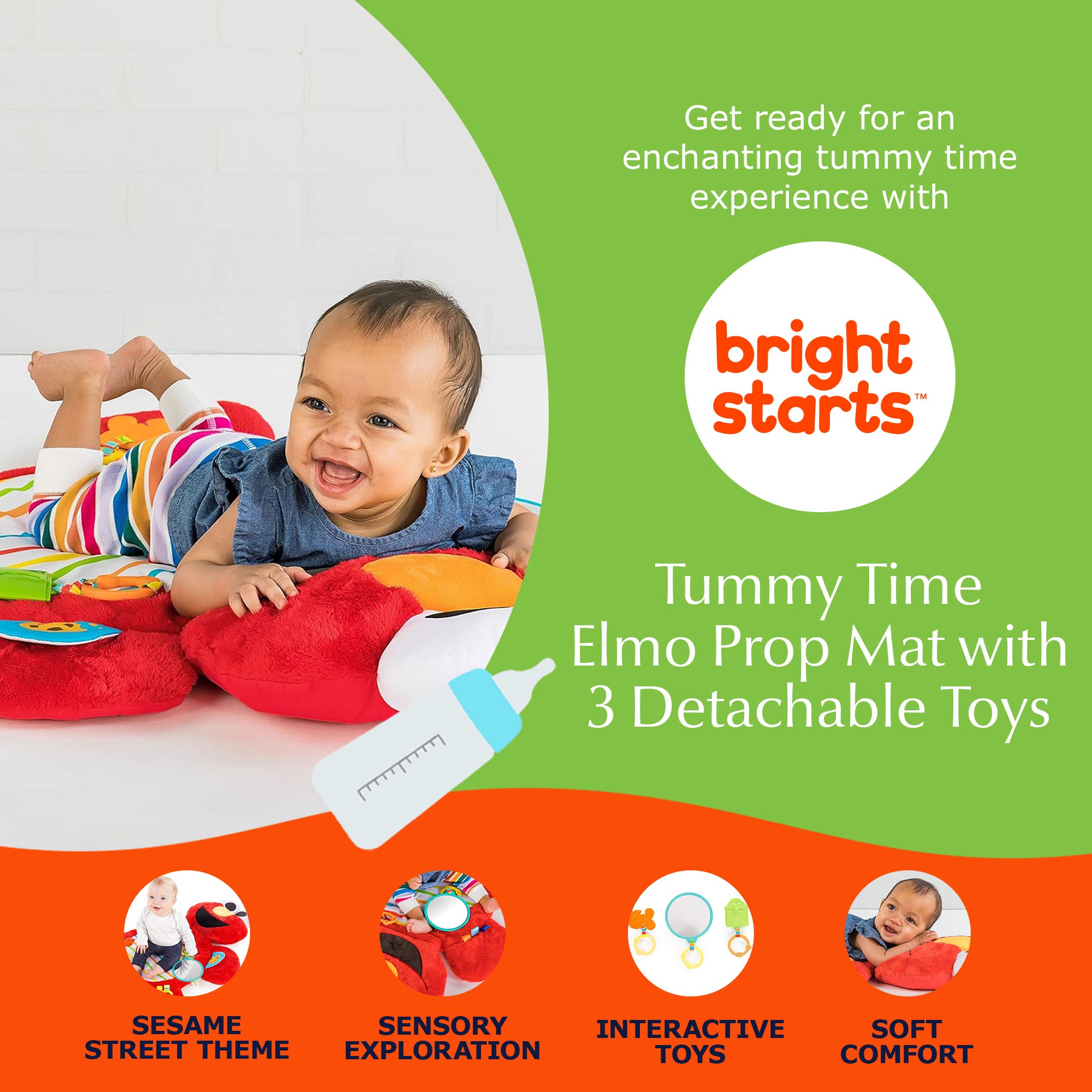 Bright Starts Sesame Street Tummy Time Elmo Prop Mat with 3 Detachable Toys - VMInnovations