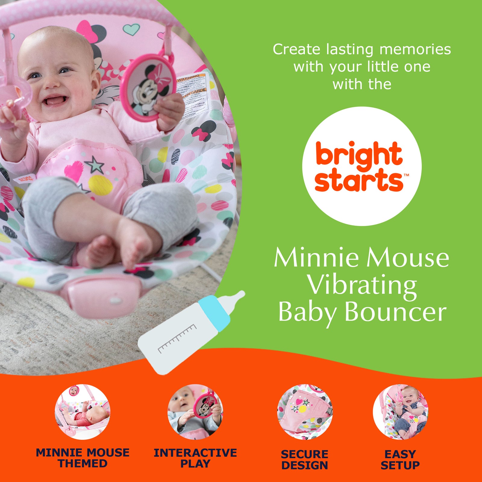 Bright Starts Disney Baby Minnie Mouse Vibrating Baby Bouncer, Spotty Dotty - VMInnovations