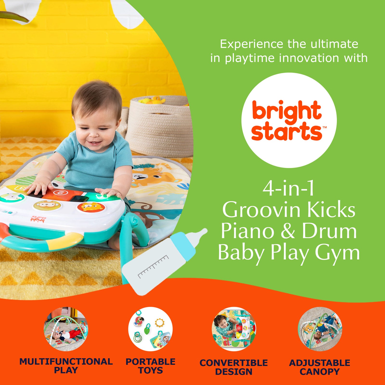 Bright Starts 4 in 1 Groovin Kicks Piano and Drum Baby Play Gym, Tropical Safari - VMInnovations