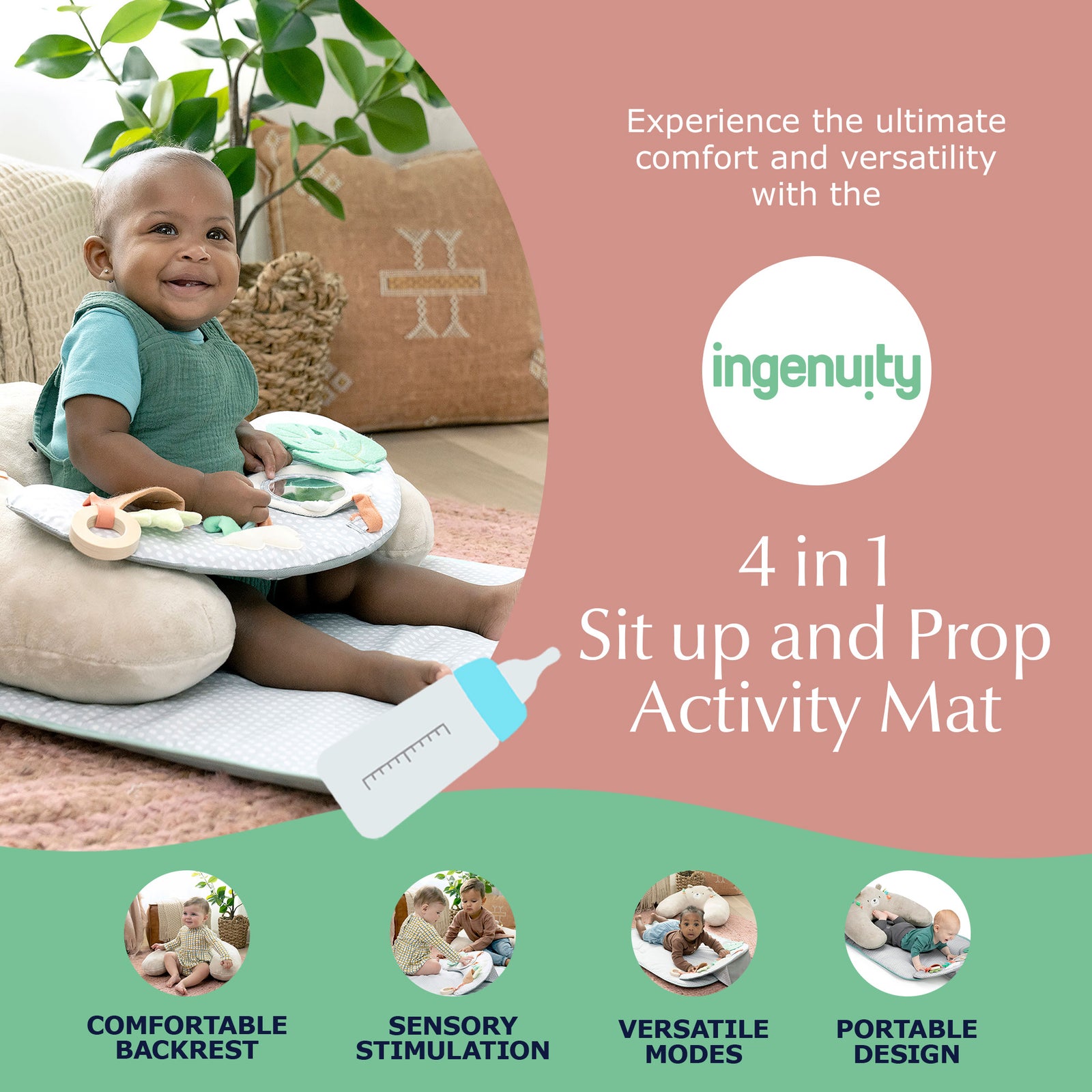 Ingenuity Nate The Bear Cozy 4 In 1 Sit Up & Prop Activity Mat for Newborns & Up - VMInnovations