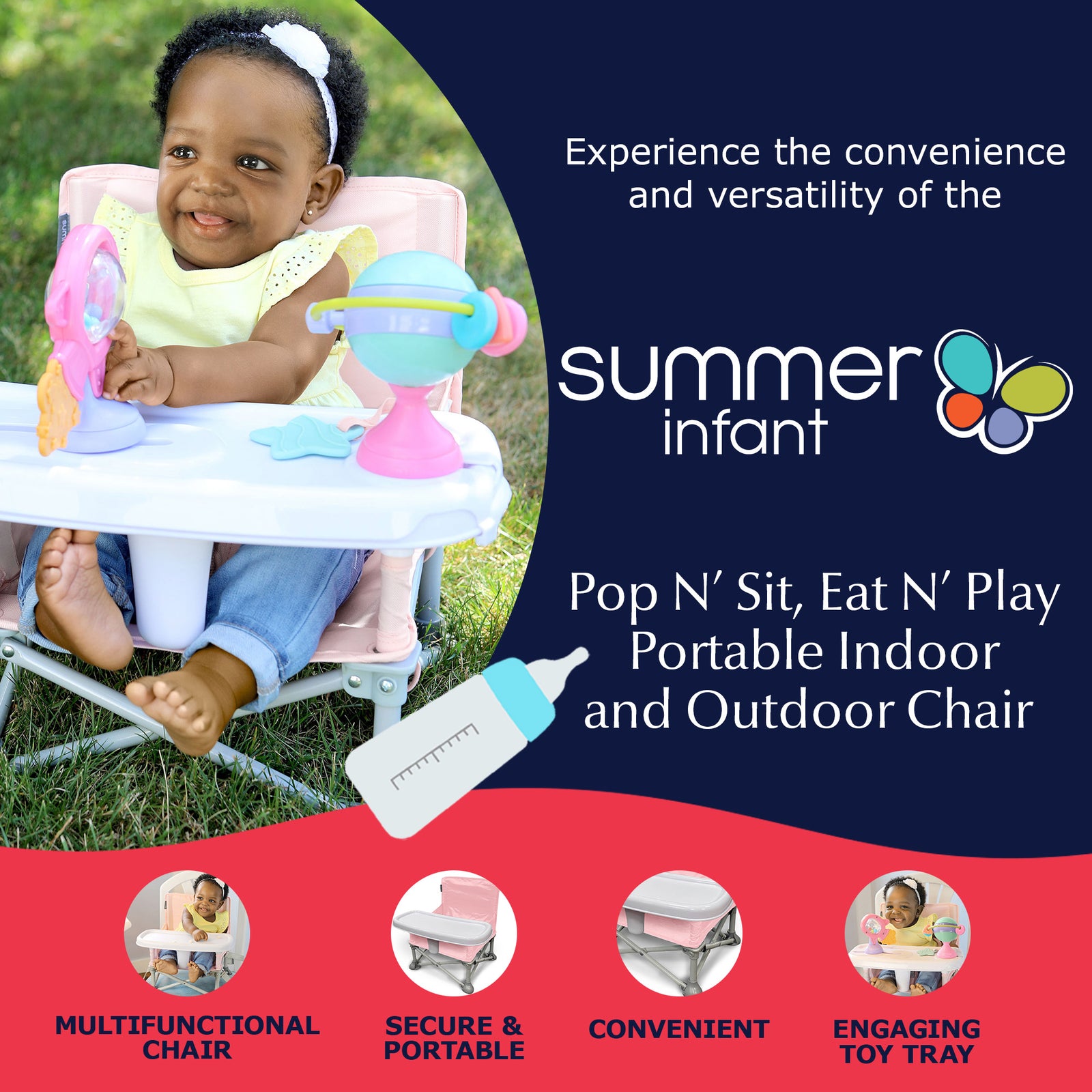 Summer Infant Pop 'N Sit Eat 'N Play Portable Indoor and Outdoor Chair, Pink - VMInnovations