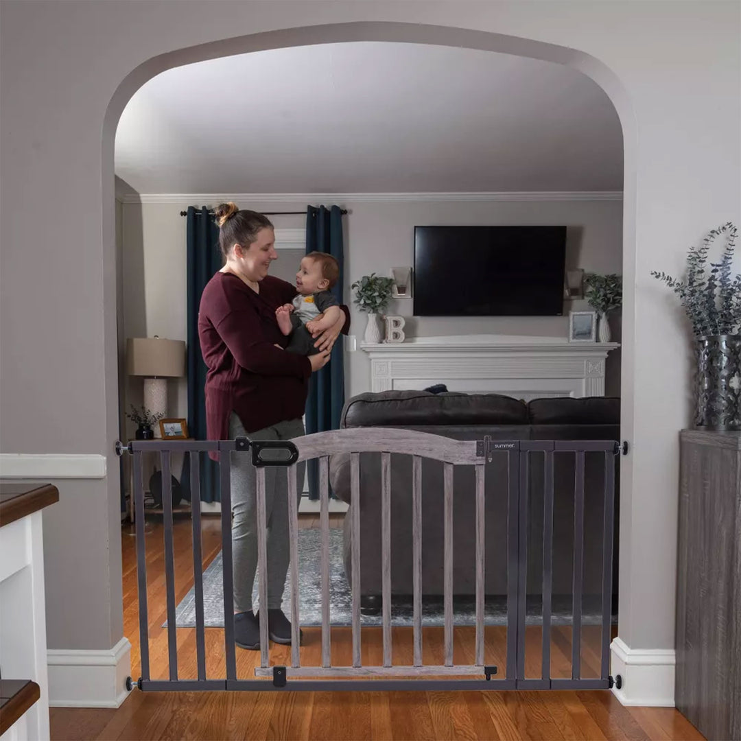 Summer 32 Inch Summer Decorative Wood & Metal Pet and Baby Gate, Gray (Open Box) - VMInnovations