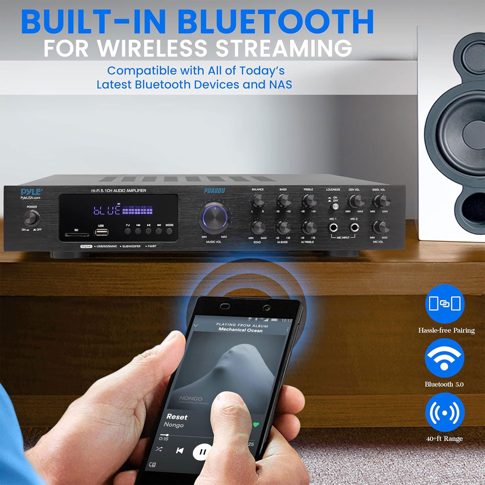 Pyle Home Audio Theater Amplifier with Bluetooth and Stereo Amplifier, Black - VMInnovations