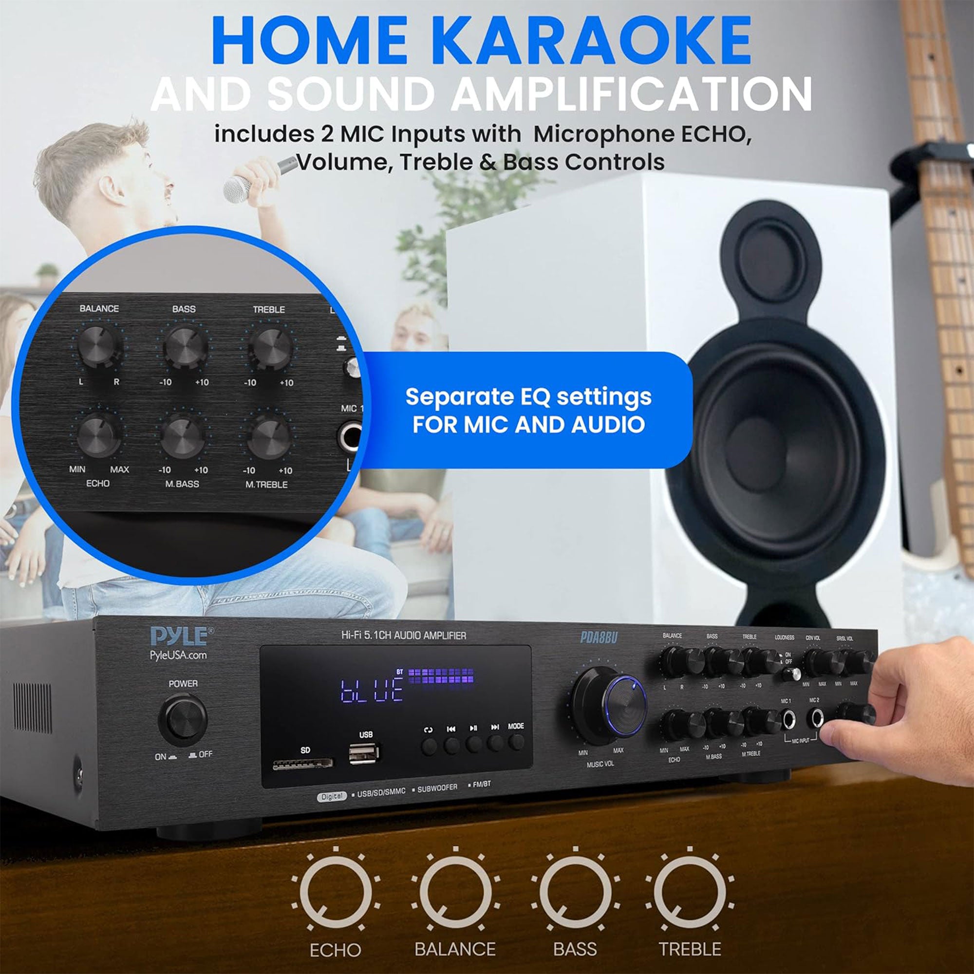Pyle Home Audio Theater Amplifier with Bluetooth and Stereo Amplifier, Black - VMInnovations