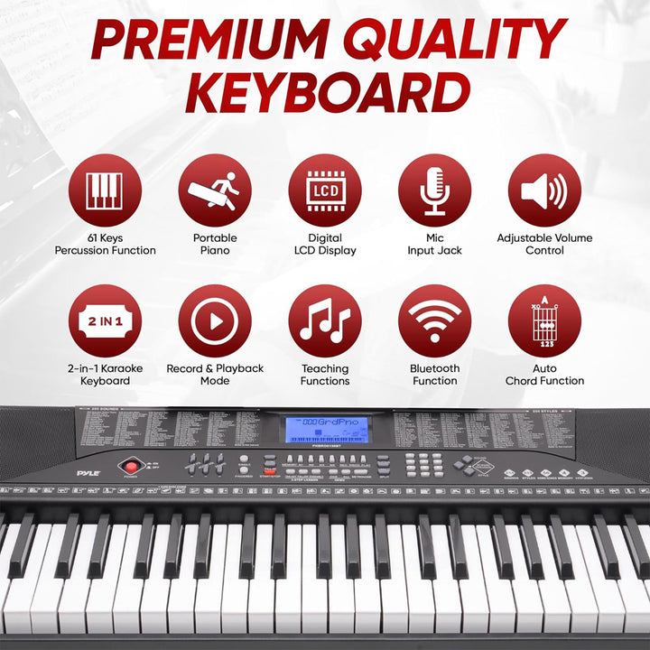 Pyle 61 Keys 2 in 1 Portable Electronic Bluetooth Piano Keyboard w/Stool & Stand