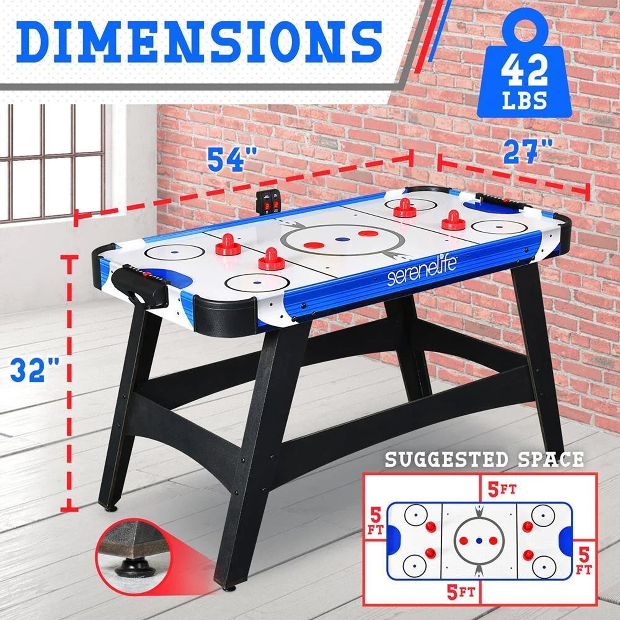 SereneLife 12 Volt Motor 58 Inch Air Hockey Game Table w/Digital LED Scoreboard