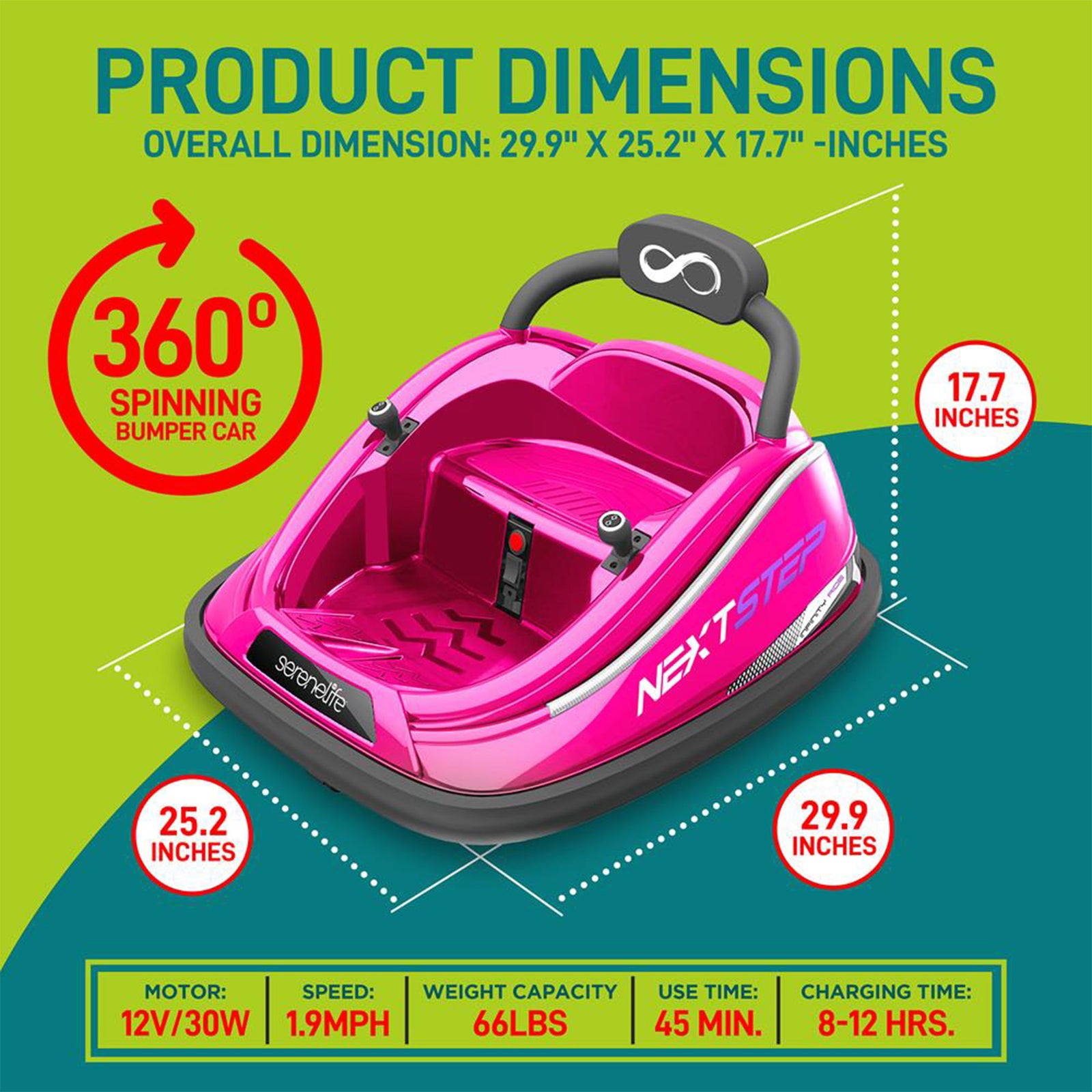 Serenelife 360 Degree Spinning Bumper Car w/Adjustable Belt & Controls, Pink - VMInnovations