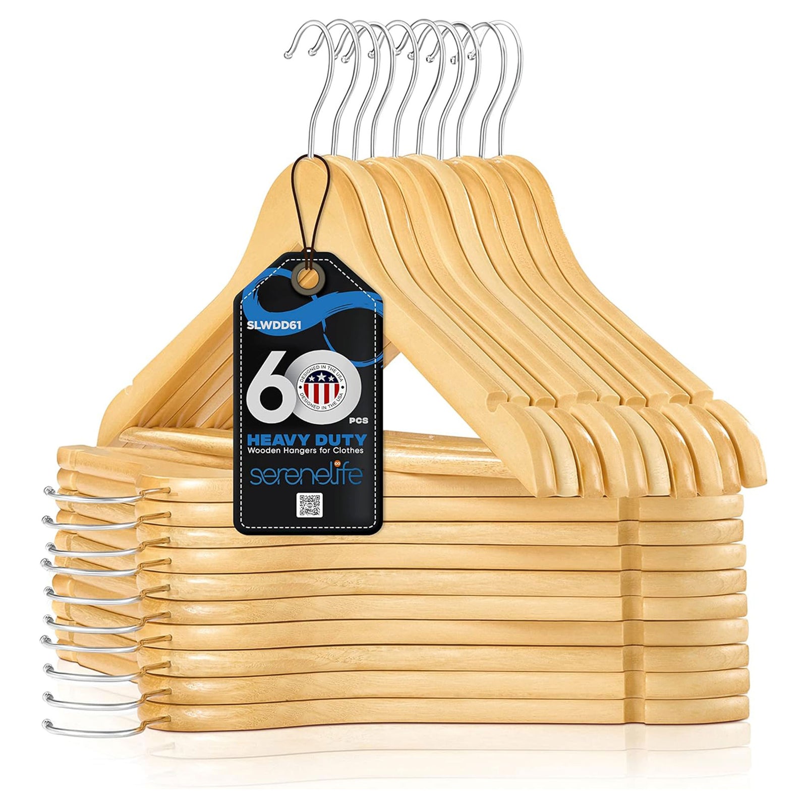 SereneLife Heavy Duty Solid Wooden Hanger Set of 60 with 360 Degree Swivel Hook - VMInnovations