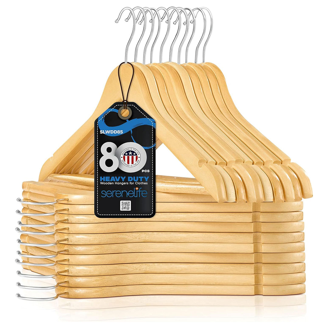 Serenelife 80 Piece Solid Wooden Heavy Duty Notched Suit Hangers, Natural Wood