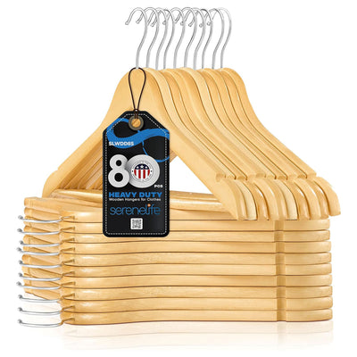 Serenelife 80 Piece Solid Wooden Heavy Duty Notched Suit Hangers, Natural Wood